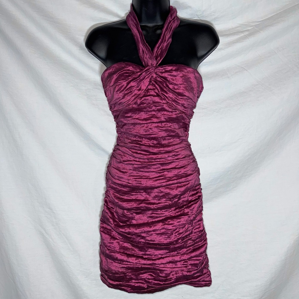 BCBGMAXAZRIA Womens Ruched Halter Mini Dress Magenta Metallic Size Small